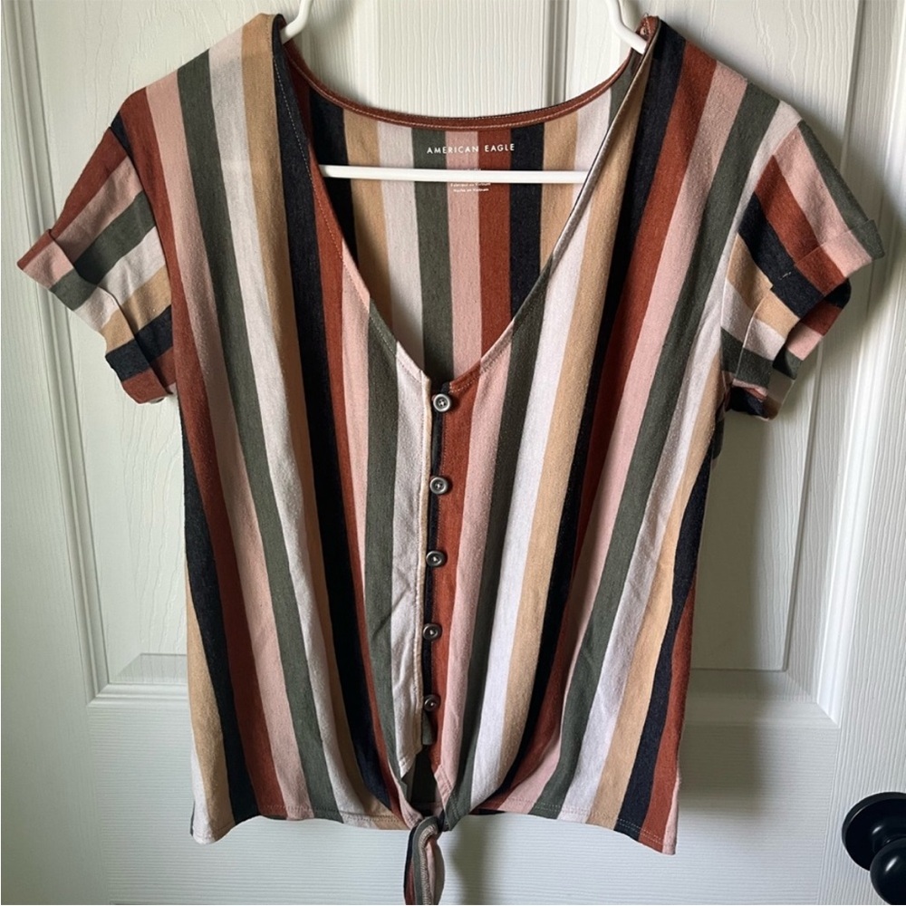 American Eagle Outfitters Orange Black Button Down Short Sleeve Top